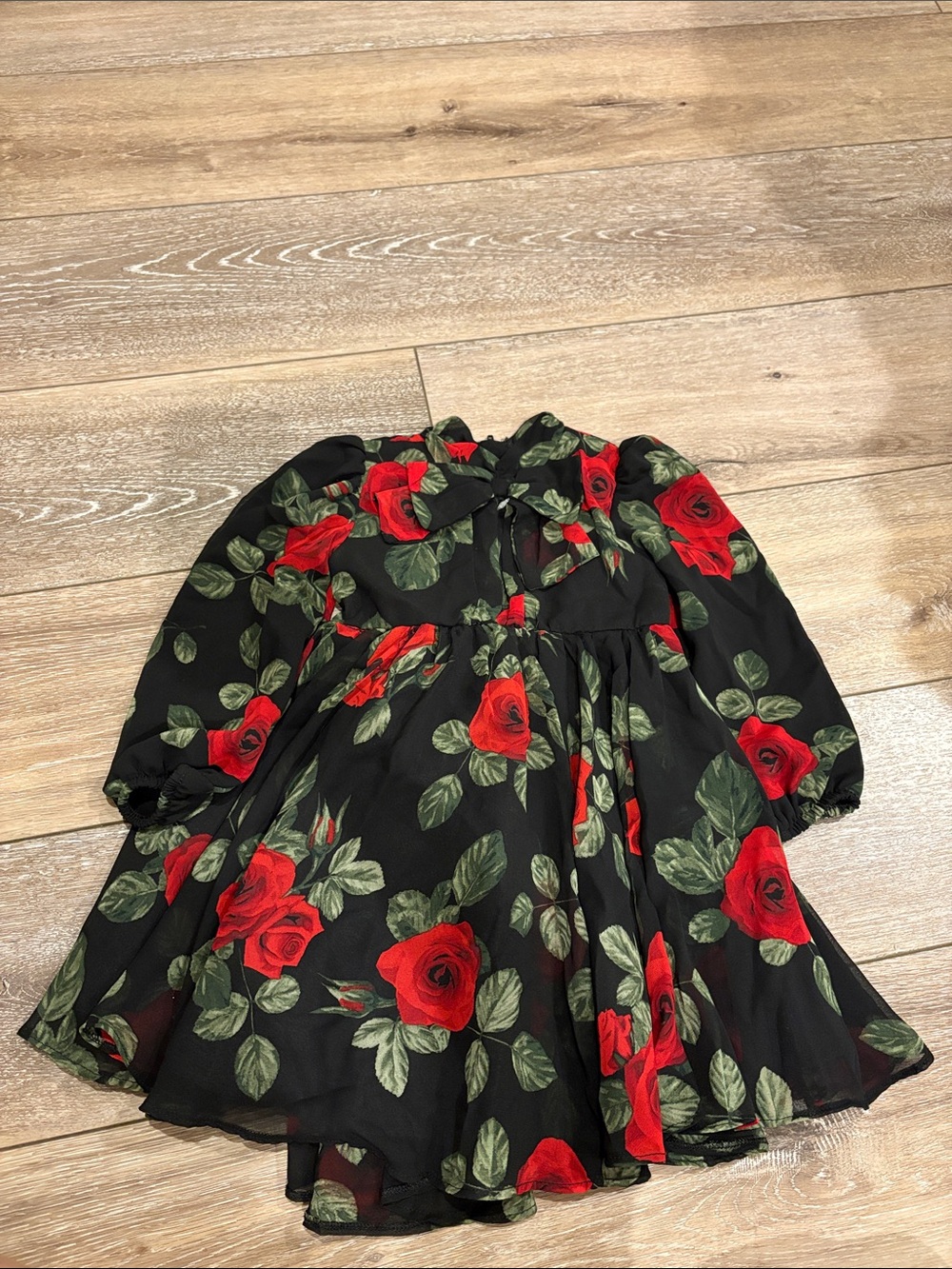 Girls Black Red Rose Print Dress